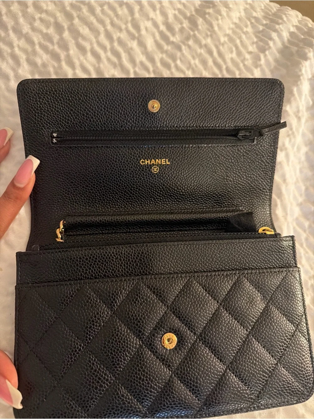 CHANEL Black Quilted Caviar Leather Wallet on Chain with Gold CC